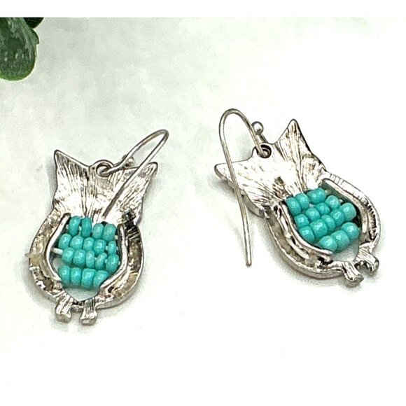 Antique Silver Tone Turquoise Beaded Owl Dangle Earrings Vintage Style Jewelry - Picture 3 of 7